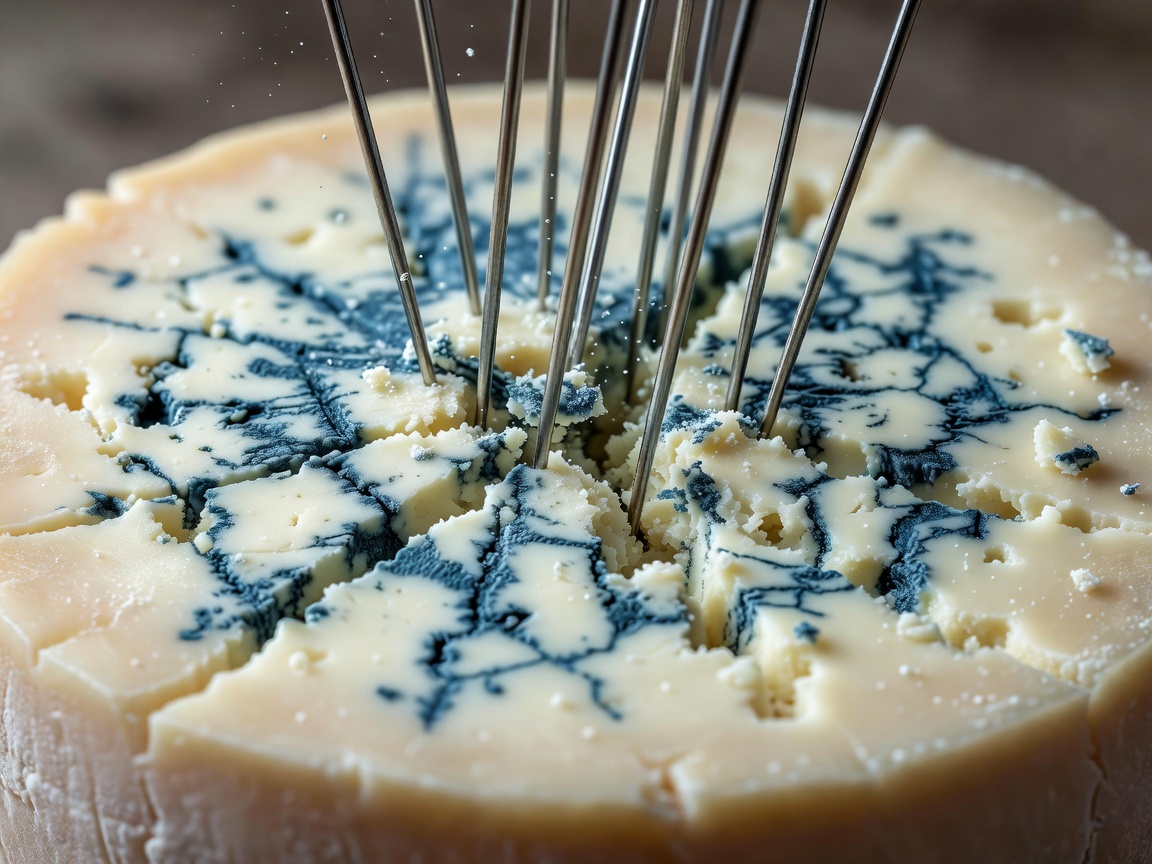 Close up of a wheel of cheese being pierced with stainless steel needles