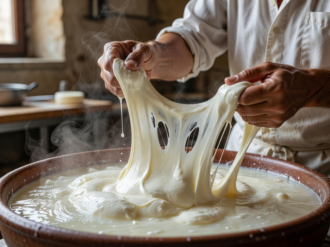 A cheesemaker stretching shiny, hot mozzarella curds in a bowl of water