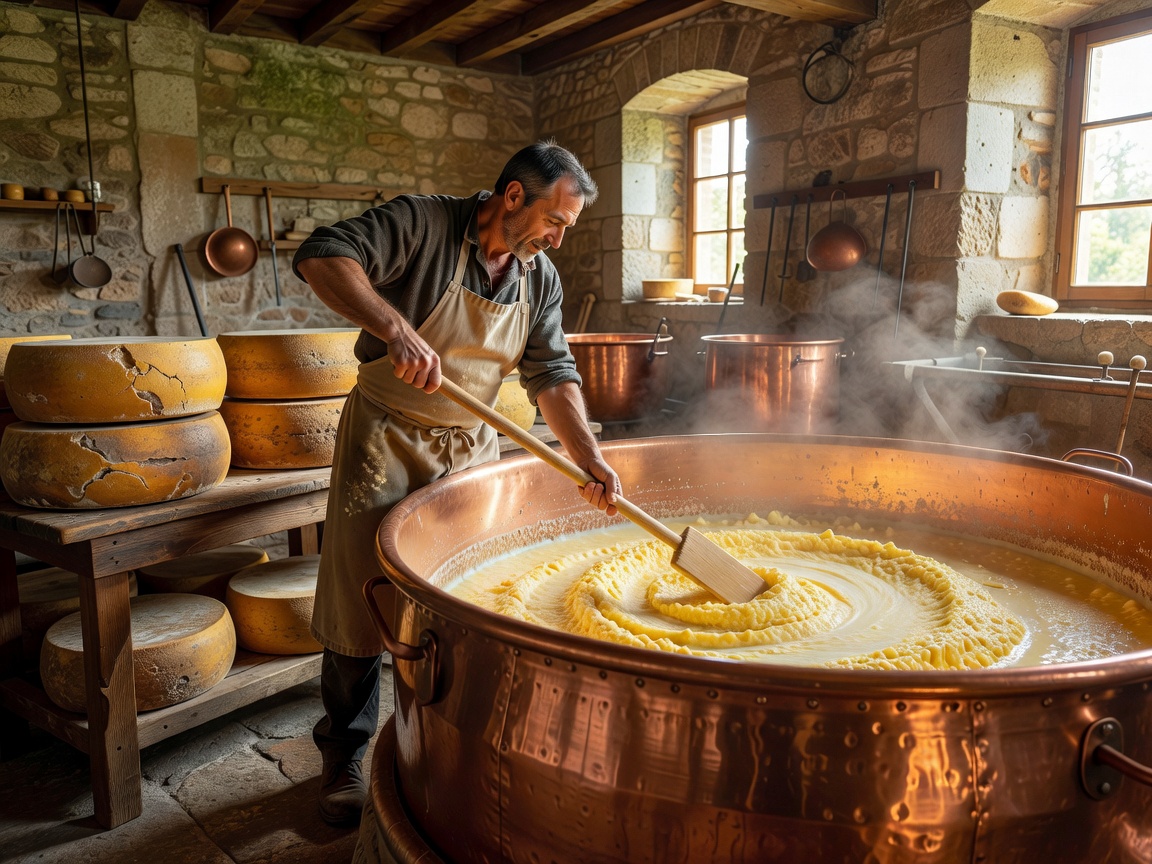 A cheesemaker stirring curds in a massive gleaming copper vat