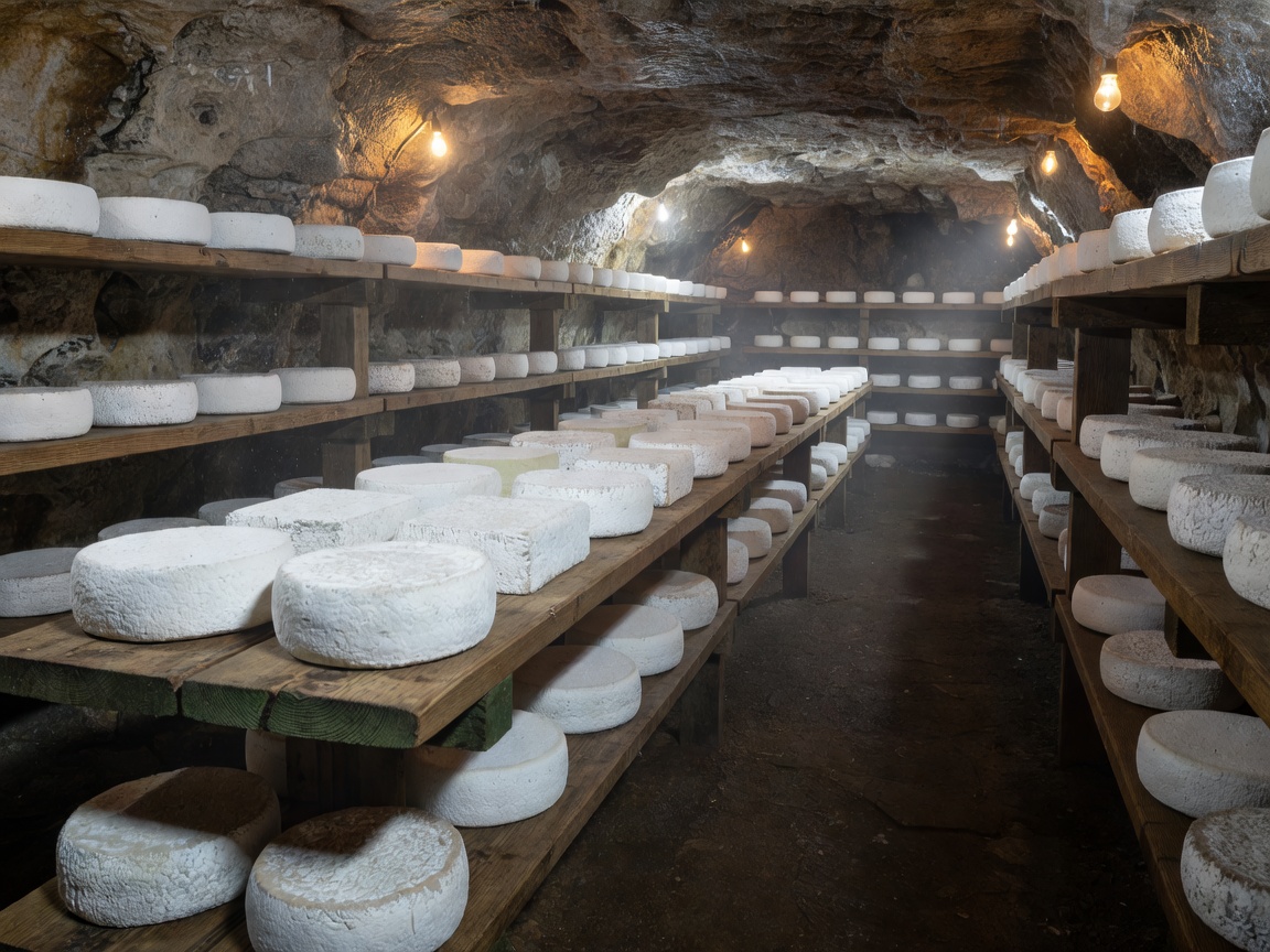 Rows of soft white bloomy rind cheeses resting on wooden shelves in a cool cave
